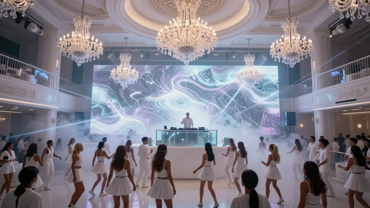 A dazzling all-white nightclub with LED walls and dancers under chandeliers.