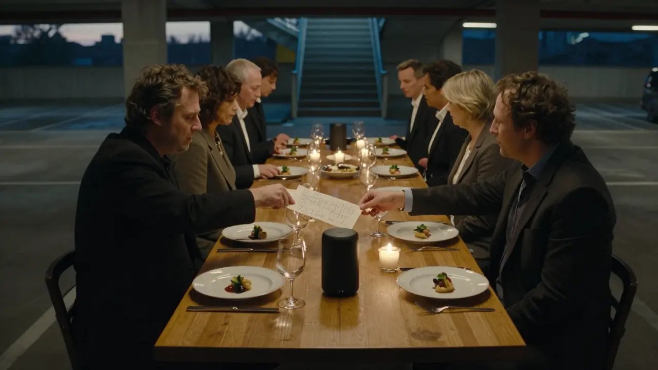 A dimly lit underground supper club with a long table, a single candle, and a handwritten note beside an empty plate.