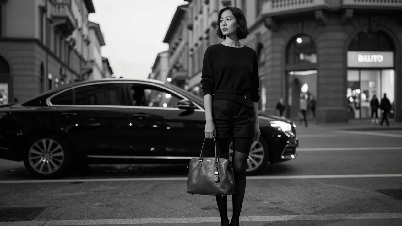 A discreet woman stands alone at dusk in Milan, embodying privacy and refined independence.