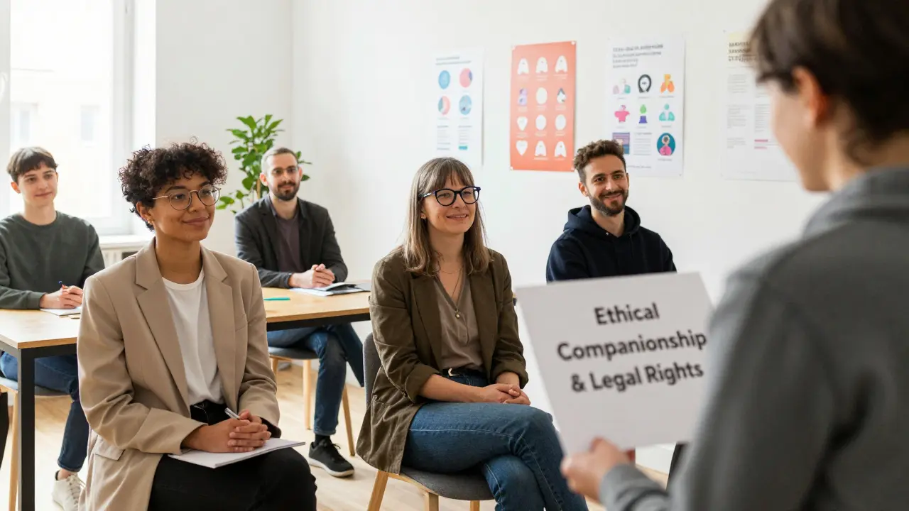 A diverse group attends a Berlin workshop on ethical companionship and legal rights in a bright, welcoming space.