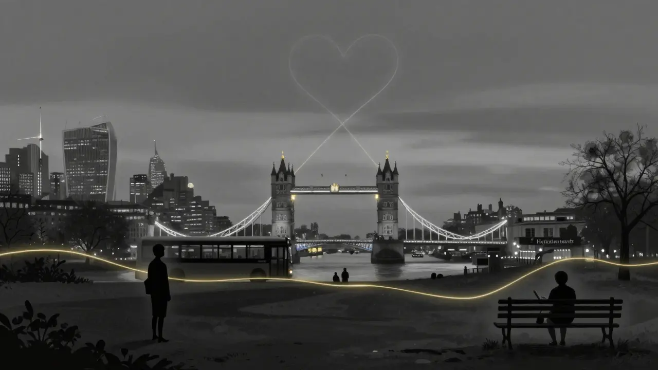 A golden thread connects silhouettes of clients and companions across London’s skyline, symbolizing emotional connection.