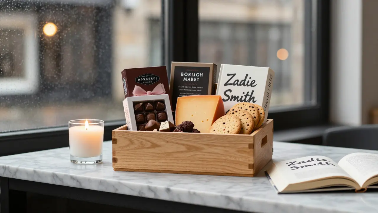 A gourmet hamper from Borough Market with chocolates and cheese beside a candle and a book.