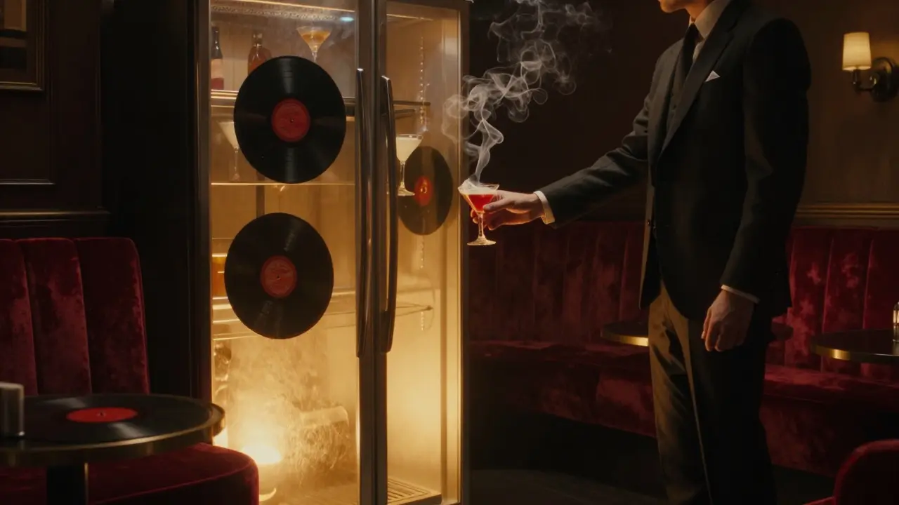 A hidden speakeasy behind a refrigerator door, glowing with amber light, floating cocktails and vintage records in a surreal noir setting.