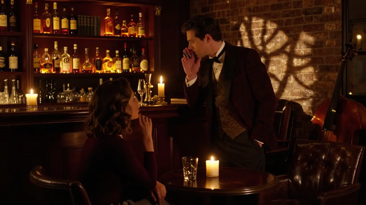 A hidden speakeasy in Soho, candlelit and intimate, with whiskey bottles and vintage jazz vibes.