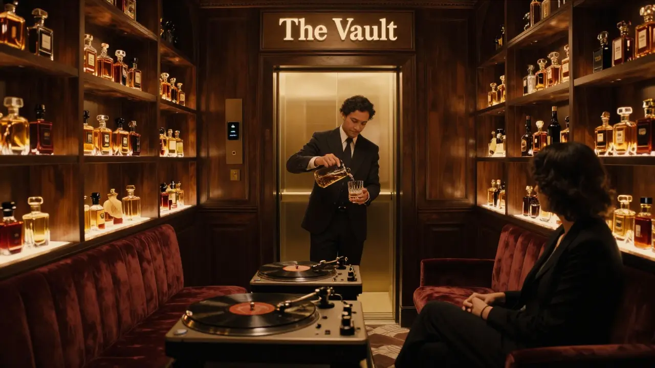 A hidden underground lounge beneath a perfume boutique, with vintage vinyl turntables and a sommelier pouring rare whisky in dim light.