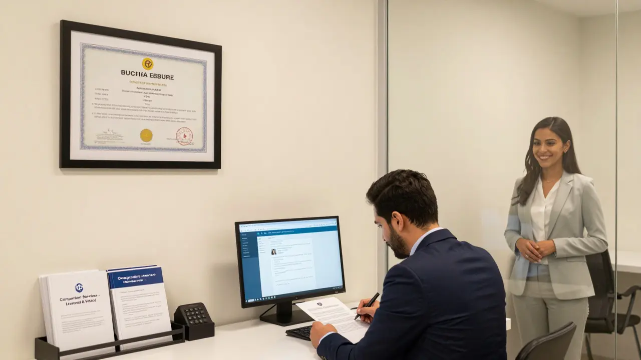A licensed companion service agency office in Abu Dhabi with visible business credentials and a client signing a contract.