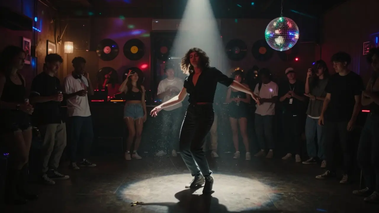 A lone dancer moves freely under disco lights in an intimate London club, lost in music.