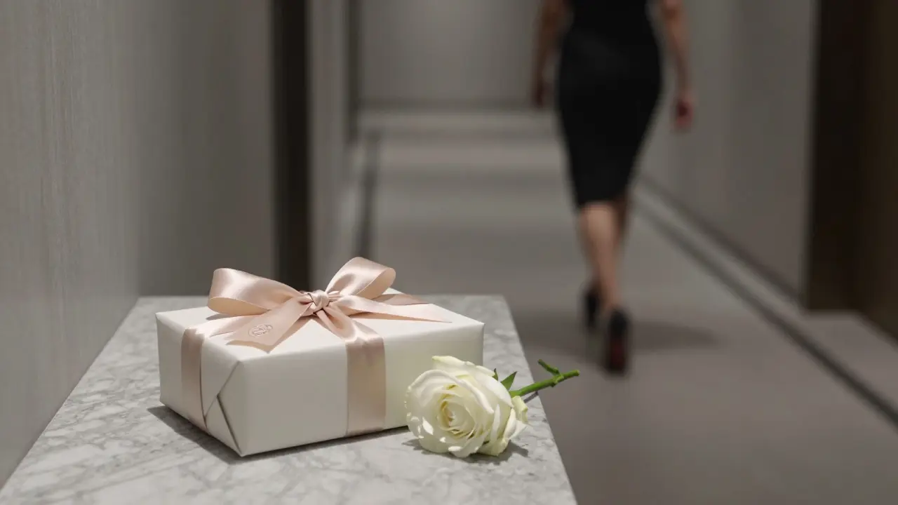 A luxury perfume gift box sits on marble with a white rose, as a woman walks away down a quiet hotel corridor.