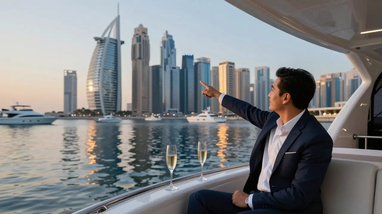 A luxury yacht cruise along Dubai Marina at golden hour with companion and client.