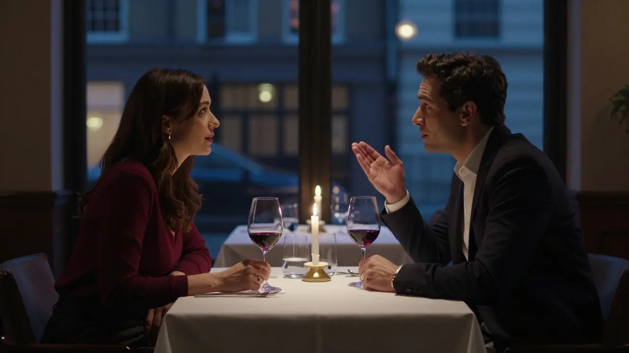 A man and woman engage in quiet, respectful conversation over dinner in a luxury London restaurant.
