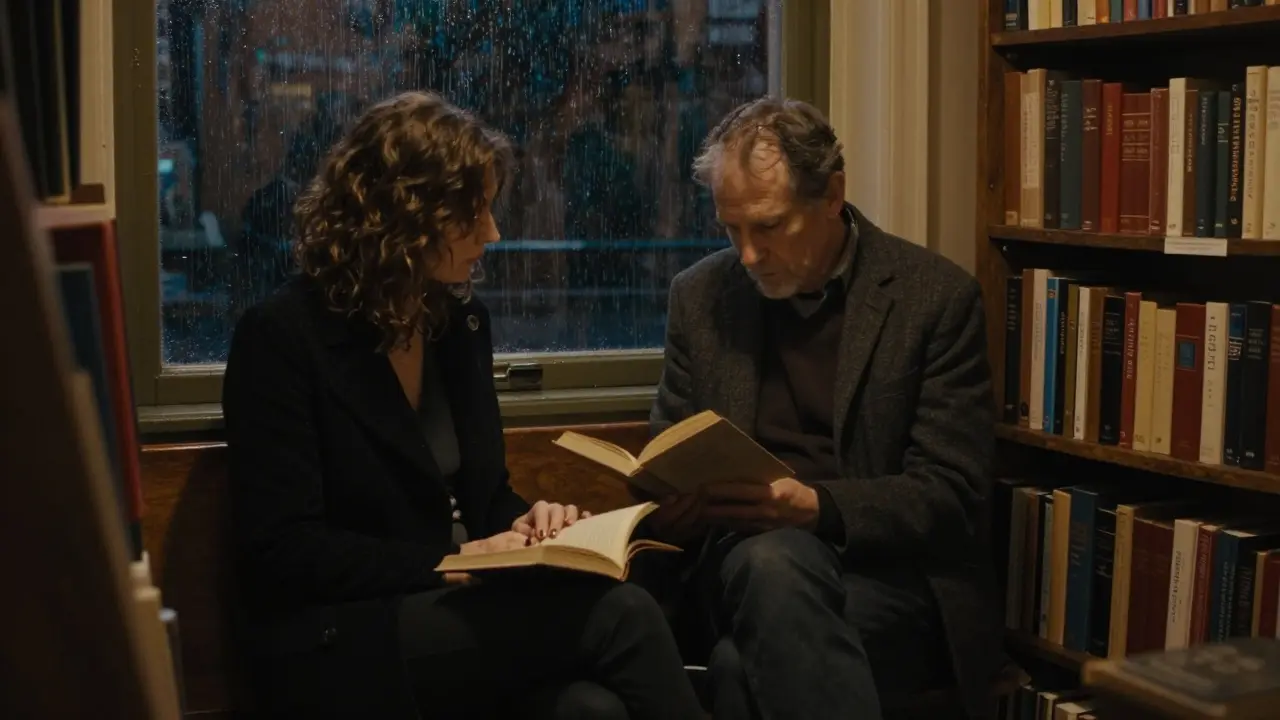 A man and woman reading poetry together in a cozy bookstore, lit by soft lamplight.