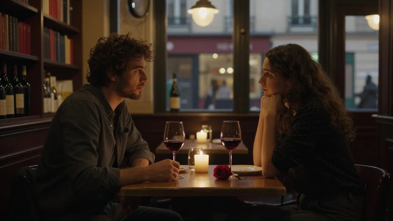A man and woman share quiet conversation in a cozy Paris wine bar, lit by candlelight and books.