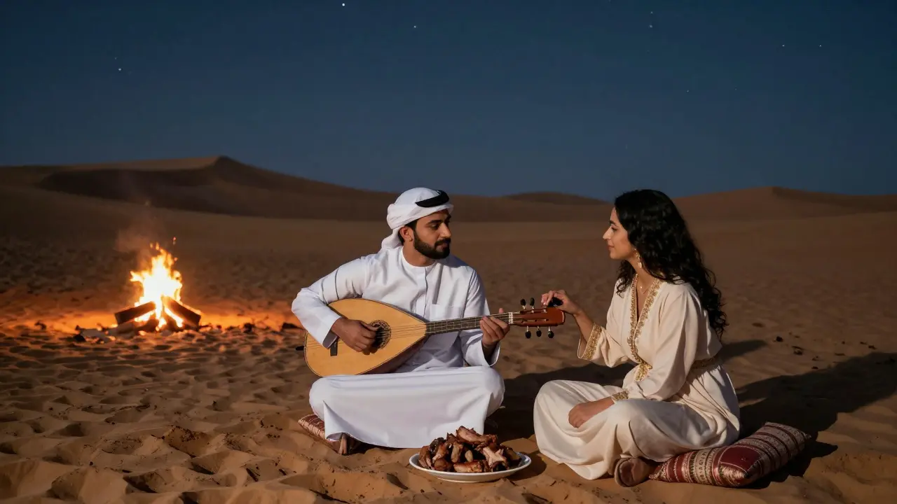 A man and woman sharing a meal under the stars in a desert camp, surrounded by calm and cultural ambiance.