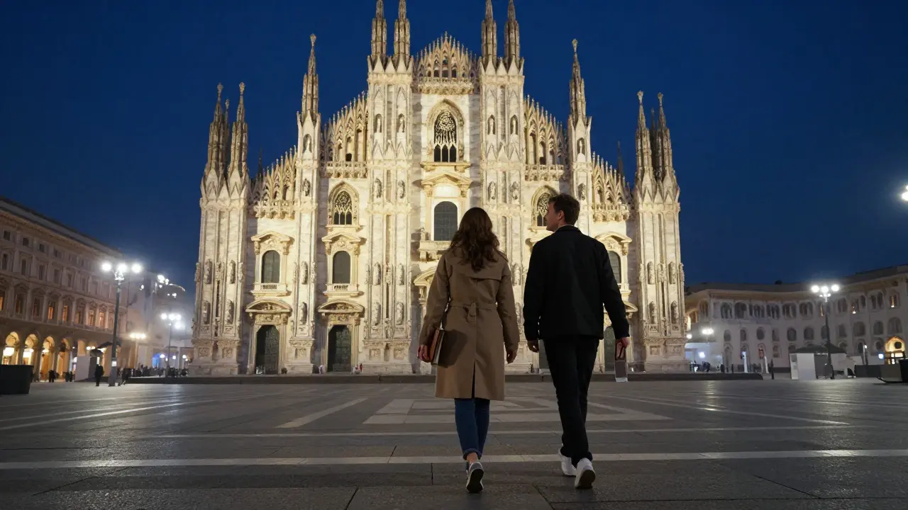 A man and woman stroll beneath the glowing Duomo at midnight, shadows long on the stone.