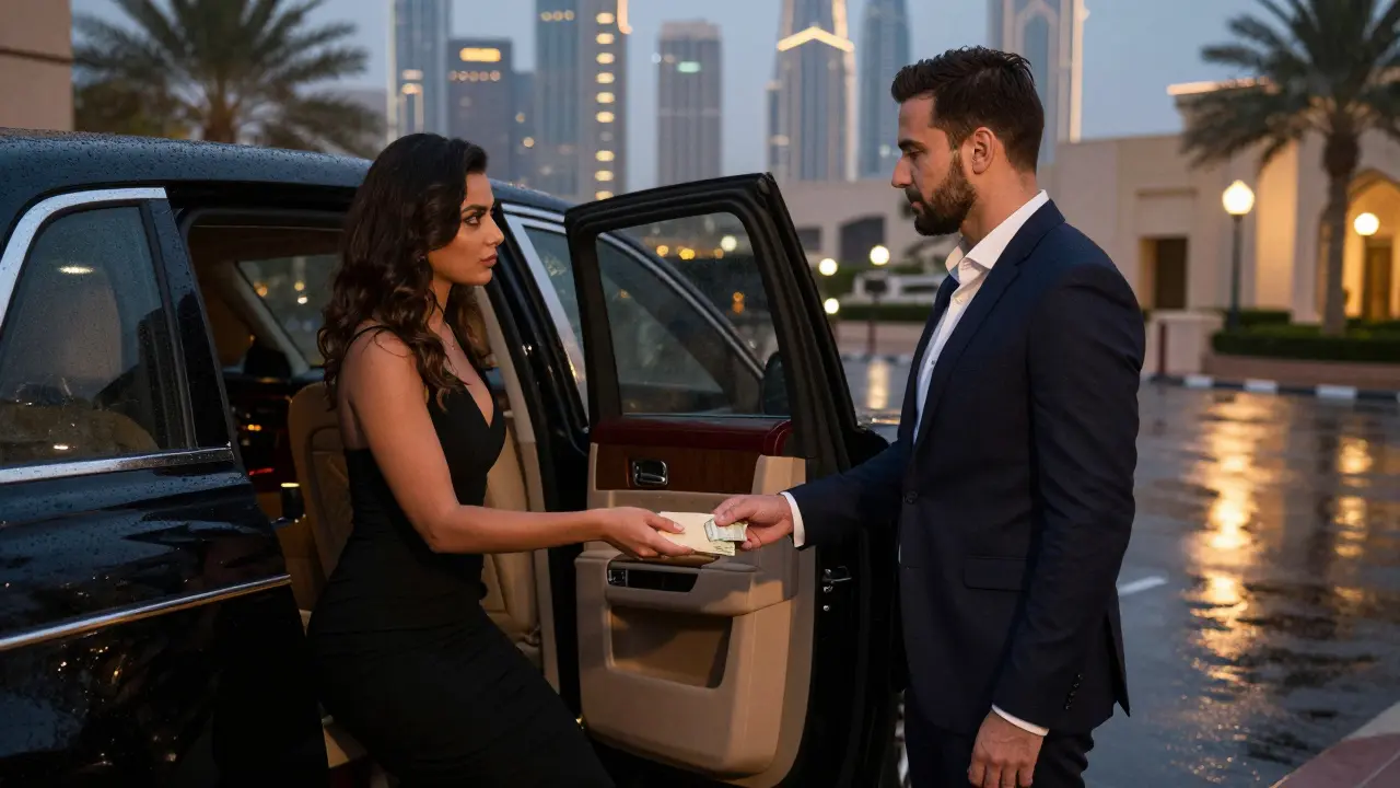A man hands cash to a woman in a black dress outside a luxury car in Dubai, city lights glowing behind them.