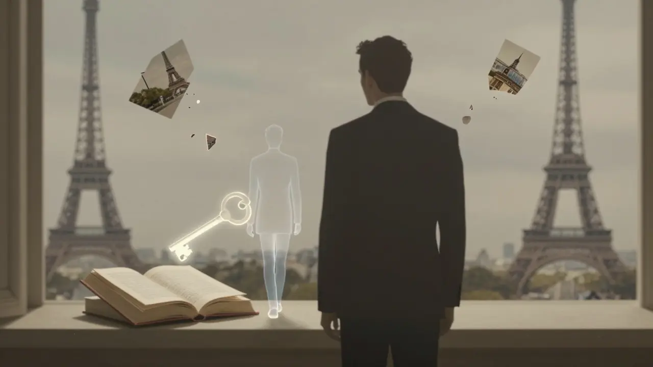 A man steps away from an escort, leaving behind a glowing key as symbols of Paris fade around them.