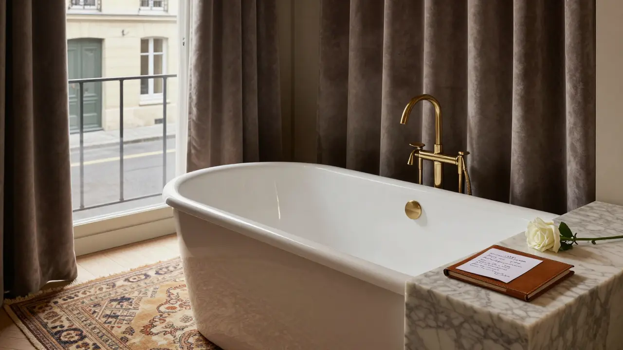 A minimalist hotel suite with a soaking tub, a single rose, and no electronics.