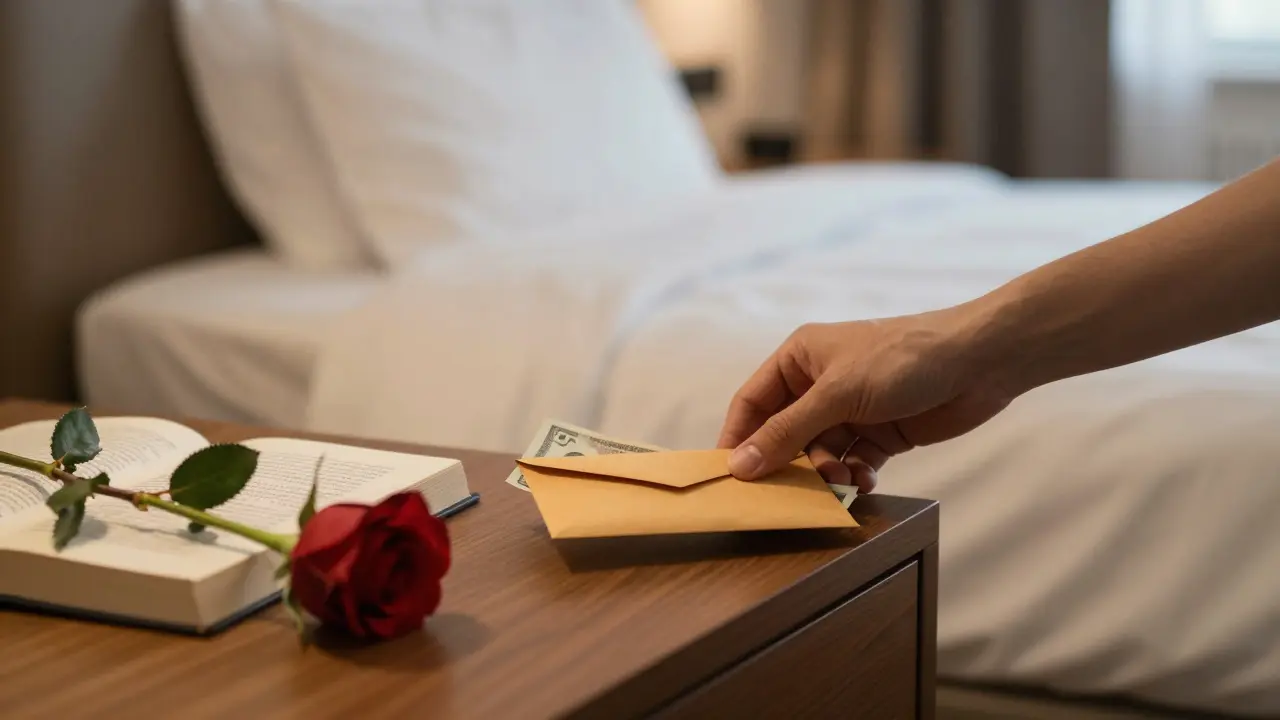 A nightstand with a rose, novel, and envelope, symbolizing a dignified and meaningful meeting.