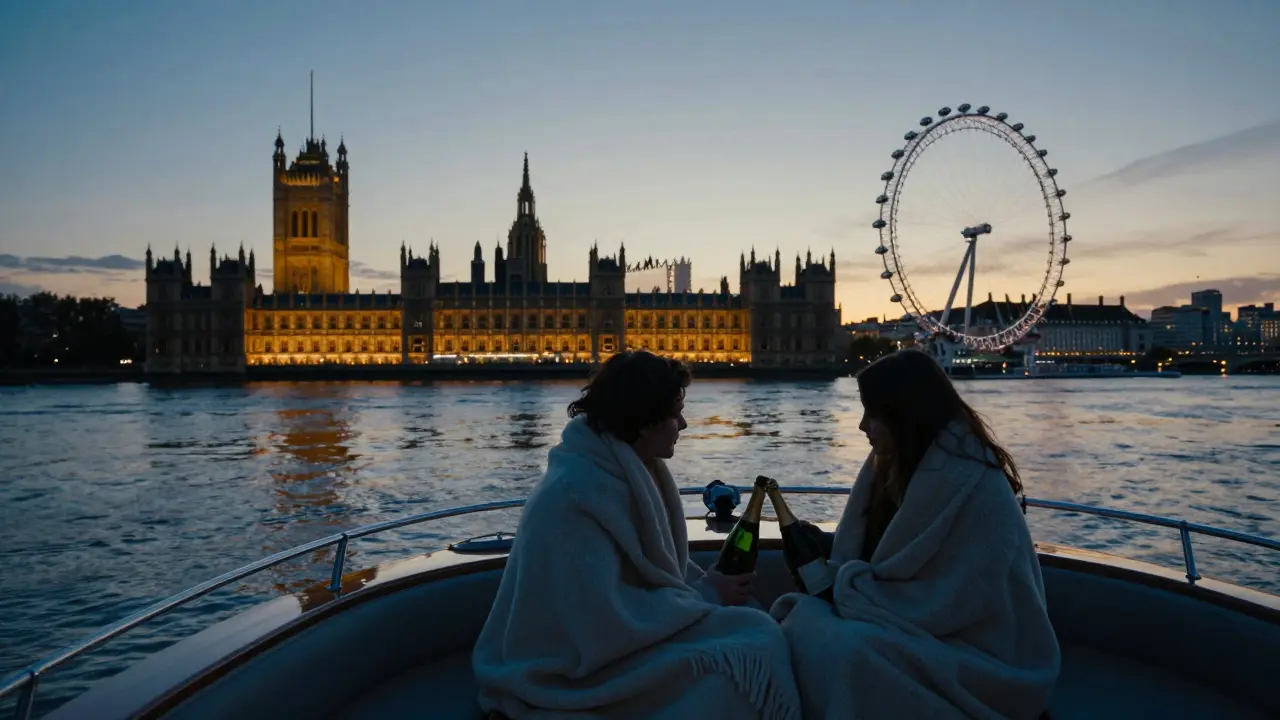 A private boat on the Thames at sunset, glowing city lights reflecting on calm water.