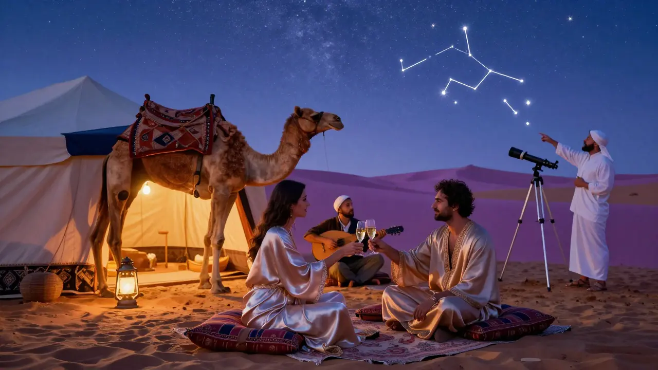 A private desert dinner under the stars, with a woman serving champagne in a luxurious Bedouin tent surrounded by dunes.