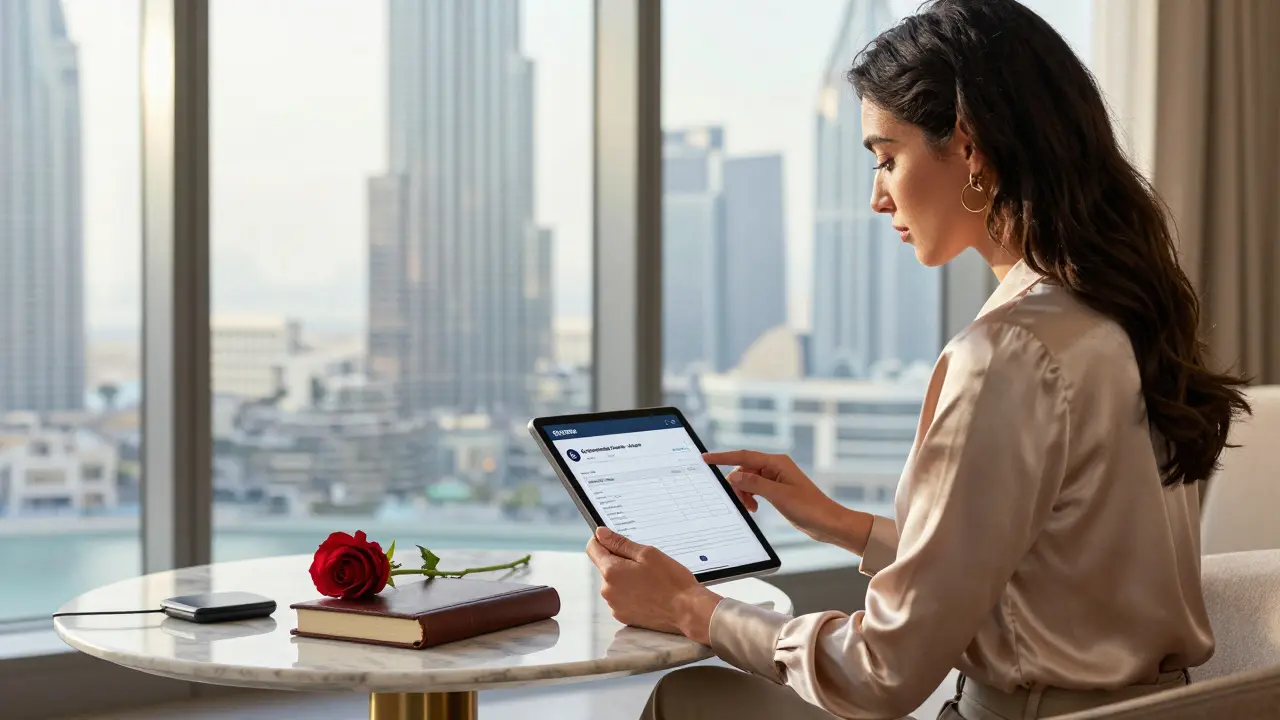 A professional companion reviewing a secure invoice in a luxurious Dubai apartment with natural morning light and minimal decor.