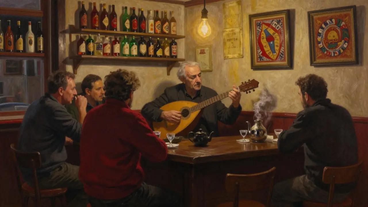 A quiet bar in Kadıköy where a man plays traditional music by lantern light with patrons sipping rakı.