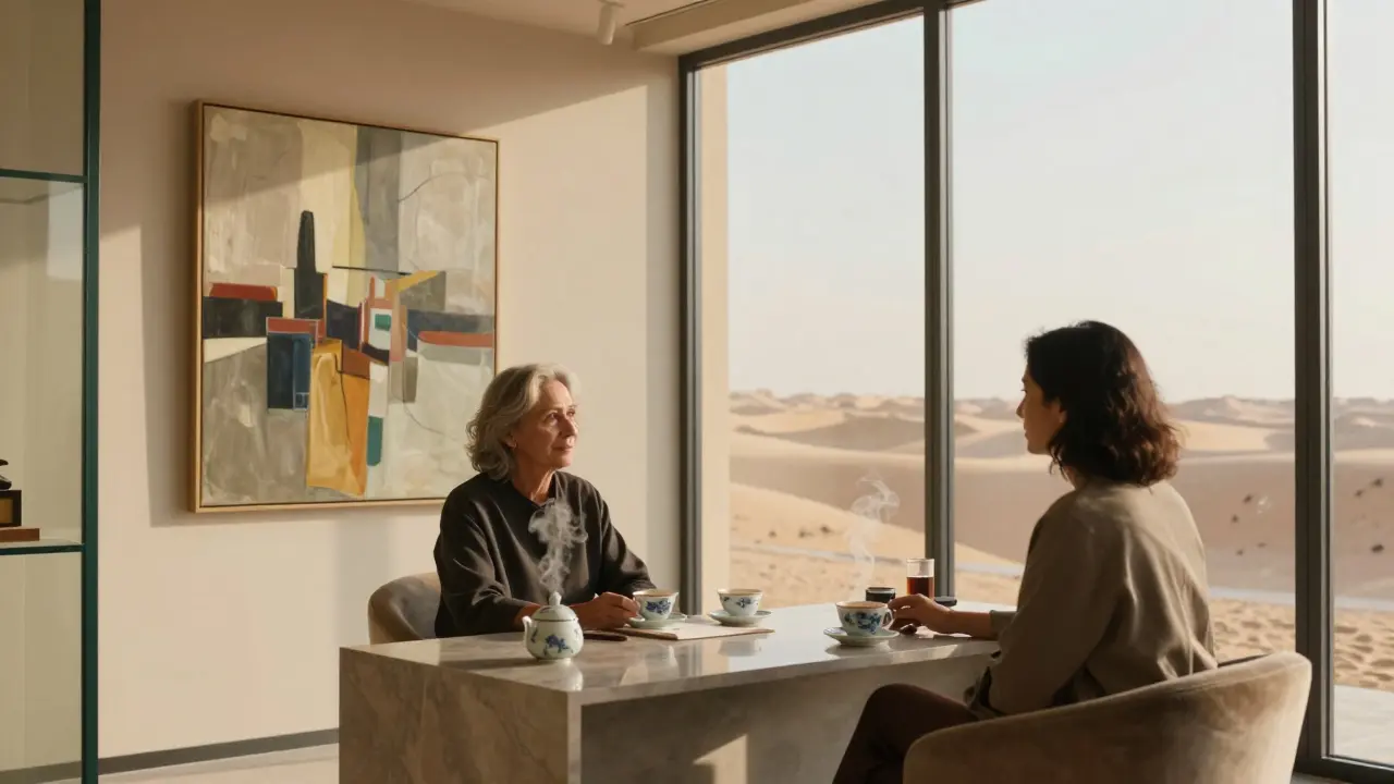 A quiet moment in a private art salon overlooking the desert, viewing a masterpiece.