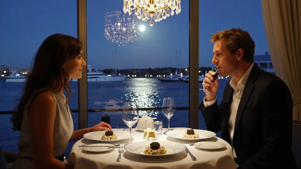 A romantic dinner at Le Louis XV with harbor views, yachts glowing on the water, candlelight reflecting off fine china.