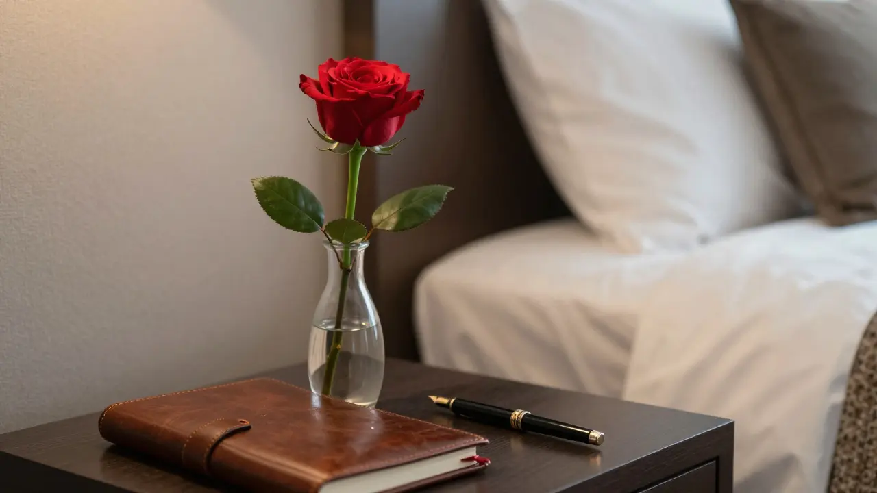A single rose and notebook on a hotel bedside table, under gentle lamplight.