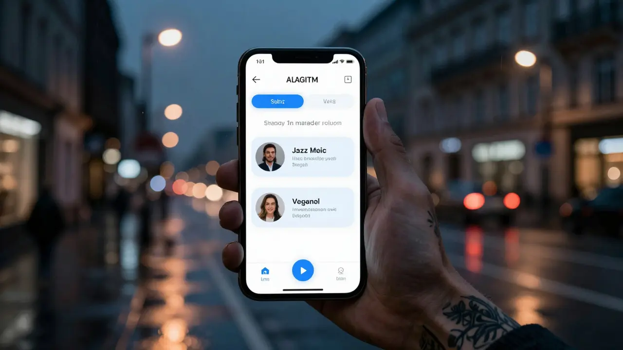 A smartphone displays an encrypted app matching two users based on shared interests in jazz and vegan food.