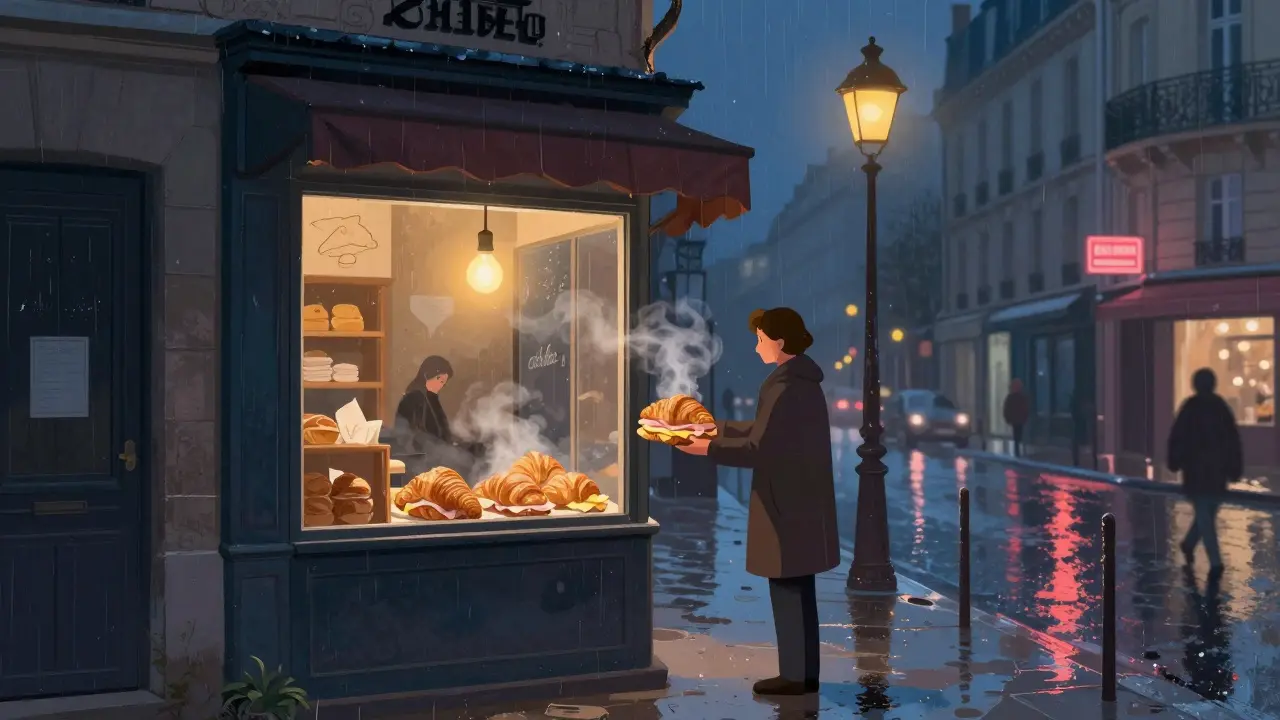 A steaming croissant sandwich being served at a quiet Paris bakery late at night.