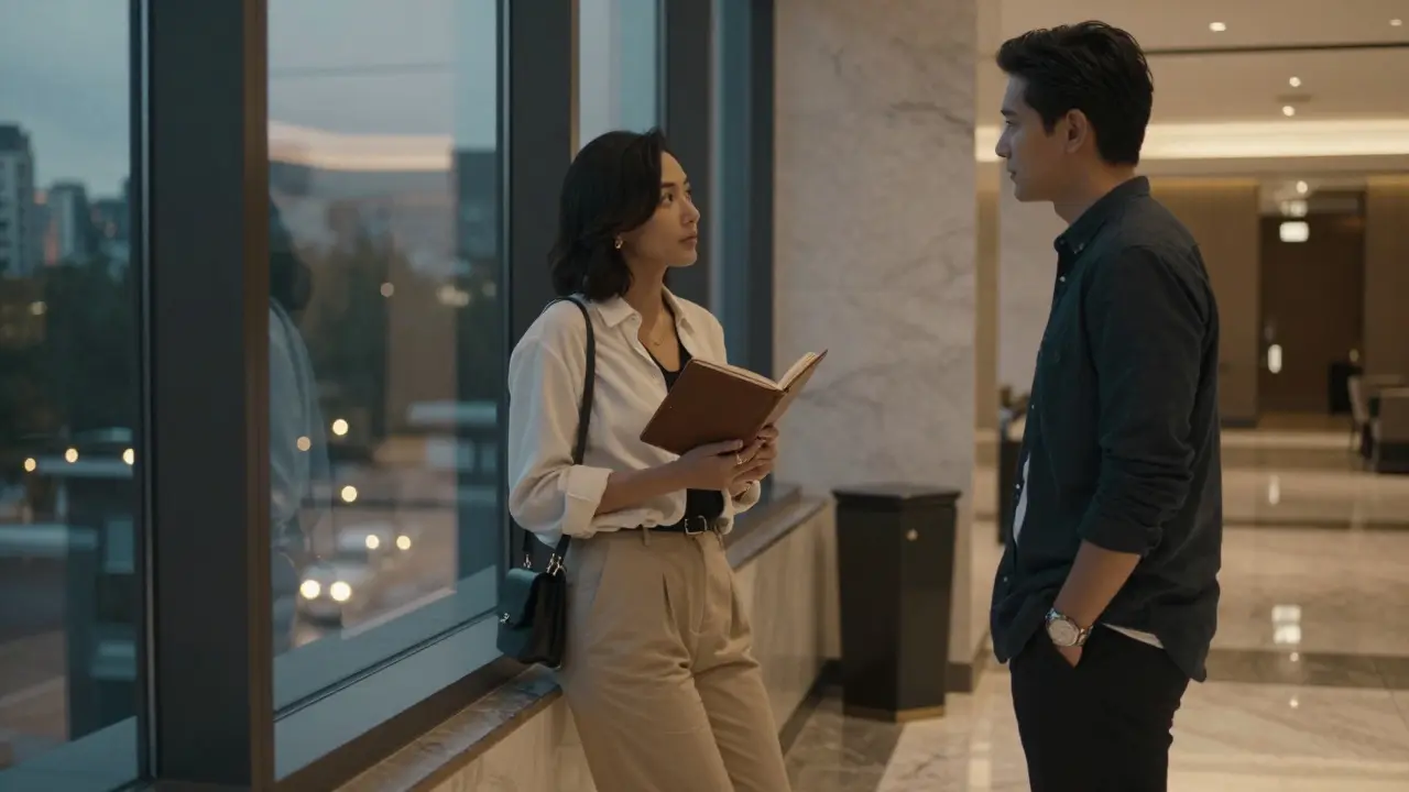 A woman and man meeting in a modern hotel lobby, sharing a thoughtful, unspoken moment.
