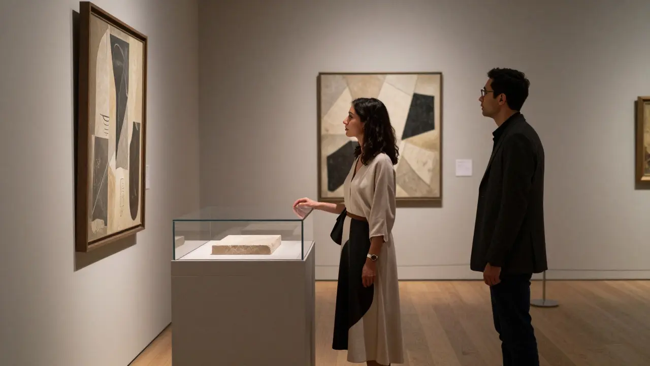 A woman and man quietly appreciating contemporary Emirati art in a museum gallery.