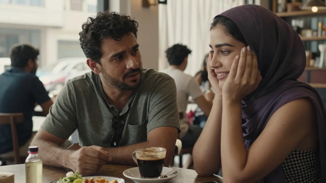 A woman smiles while telling a story in a cozy Dubai café, a cup of black coffee and a bottle of jasmine oil on the table beside her.