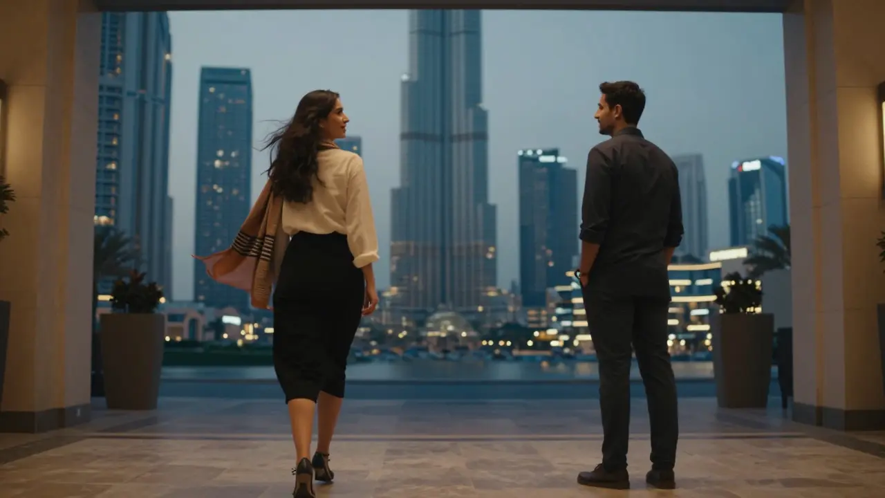 A woman walks away from a hotel entrance in Dubai, glancing back with a quiet smile as the skyline glows behind her at twilight.