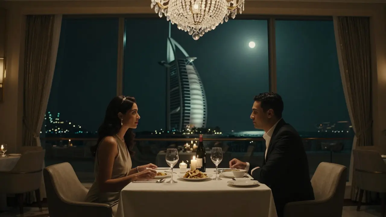 An elegant couple dining in candlelight at Burj Al Arab, with panoramic views of the Palm Jumeirah at night.