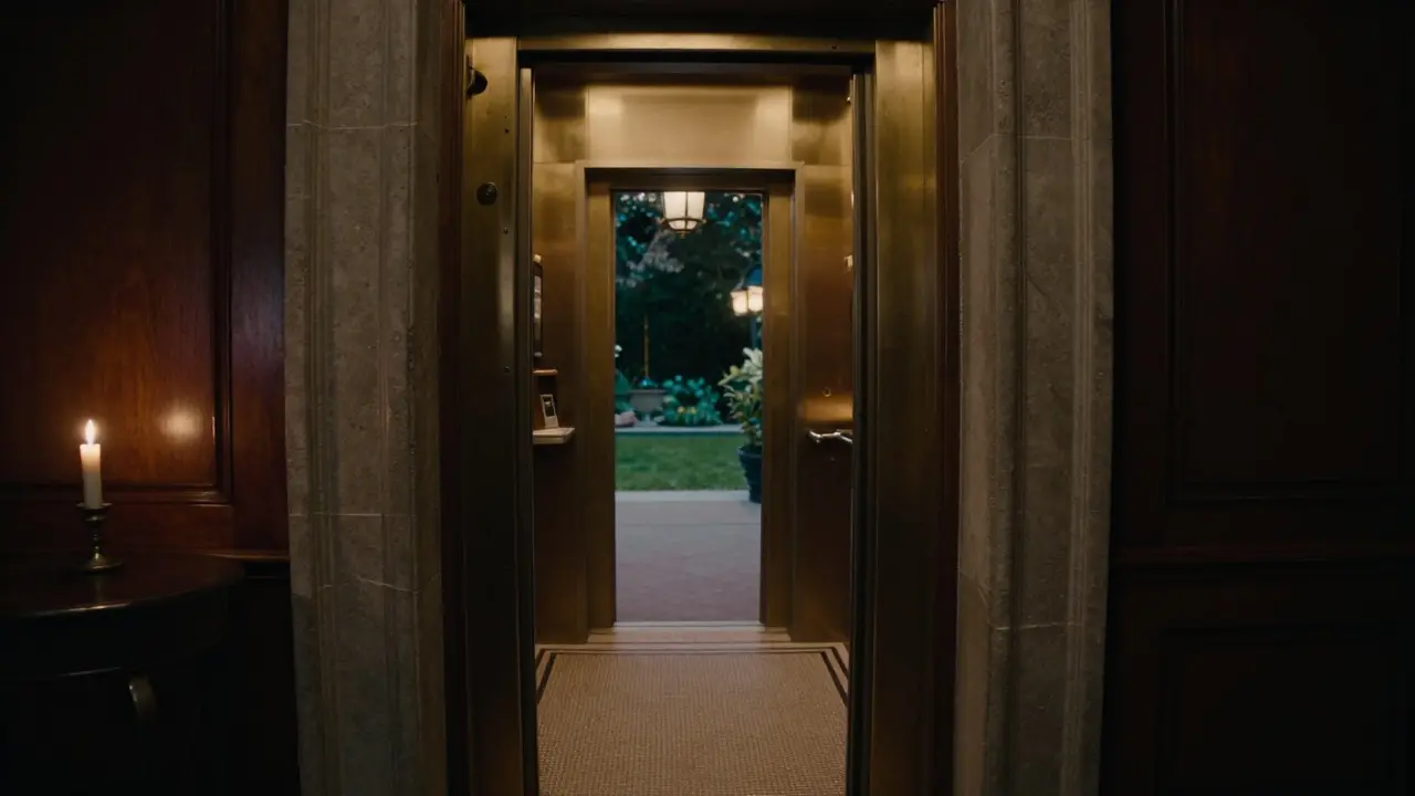 An empty luxury hotel hallway with a candlelit side table and no room numbers.