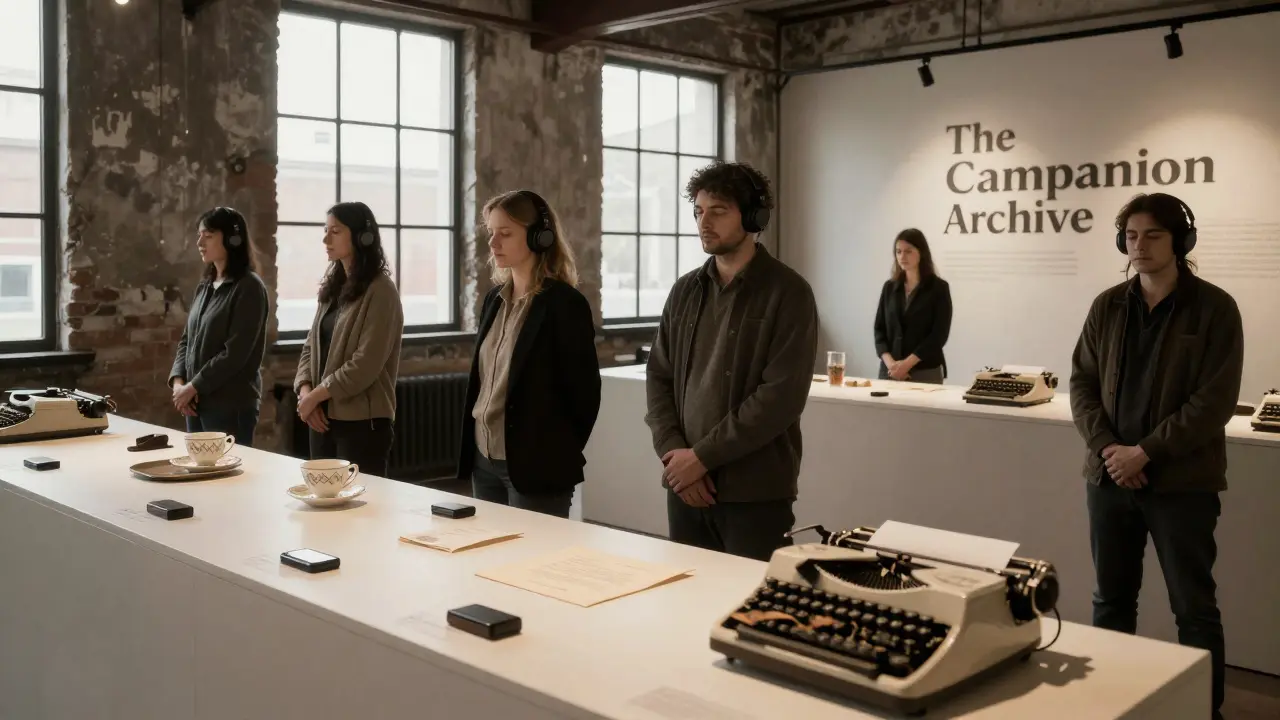 An exhibition displays personal objects and audio recordings from private encounters, inviting quiet reflection from visitors.