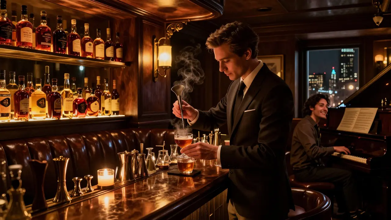 An intimate speakeasy with dim lighting, a bartender mixing cocktails, and a quiet piano.