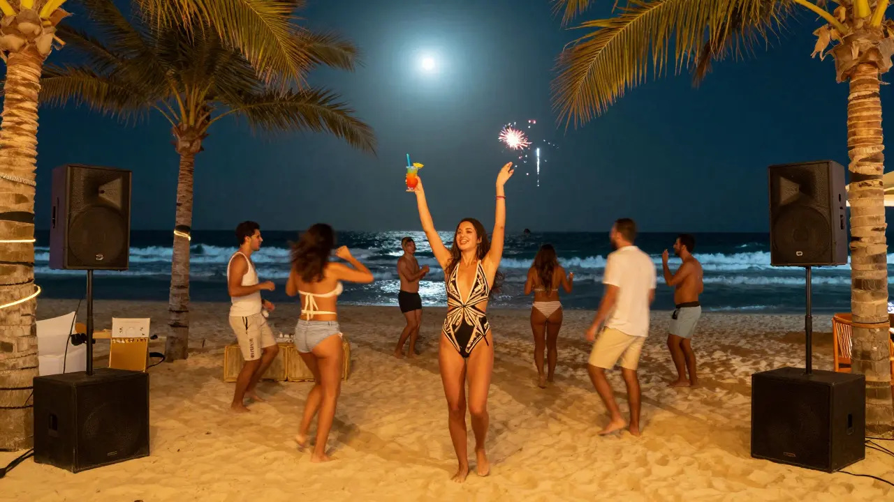 Beach club at night with people dancing barefoot in sand under moonlight and waves.