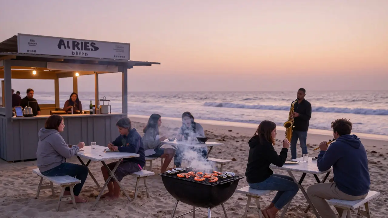 Beachside shack at dawn, grilled seafood and saxophone music under a sunrise sky, patrons sitting on sand in silence.