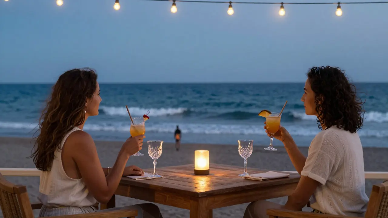 Beachside terrace at twilight with couple enjoying cocktails under string lights, calm sea in background.