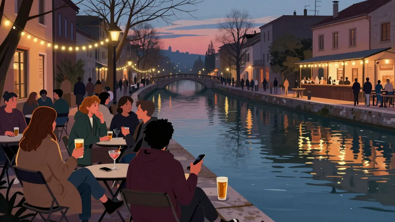 Canalside bars in Navigli with people sitting on chairs, sipping drinks under string lights.