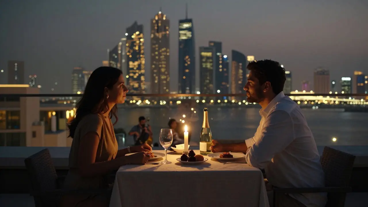 Candlelit rooftop dinner with city lights twinkling behind, elegant table setting under dusk sky.