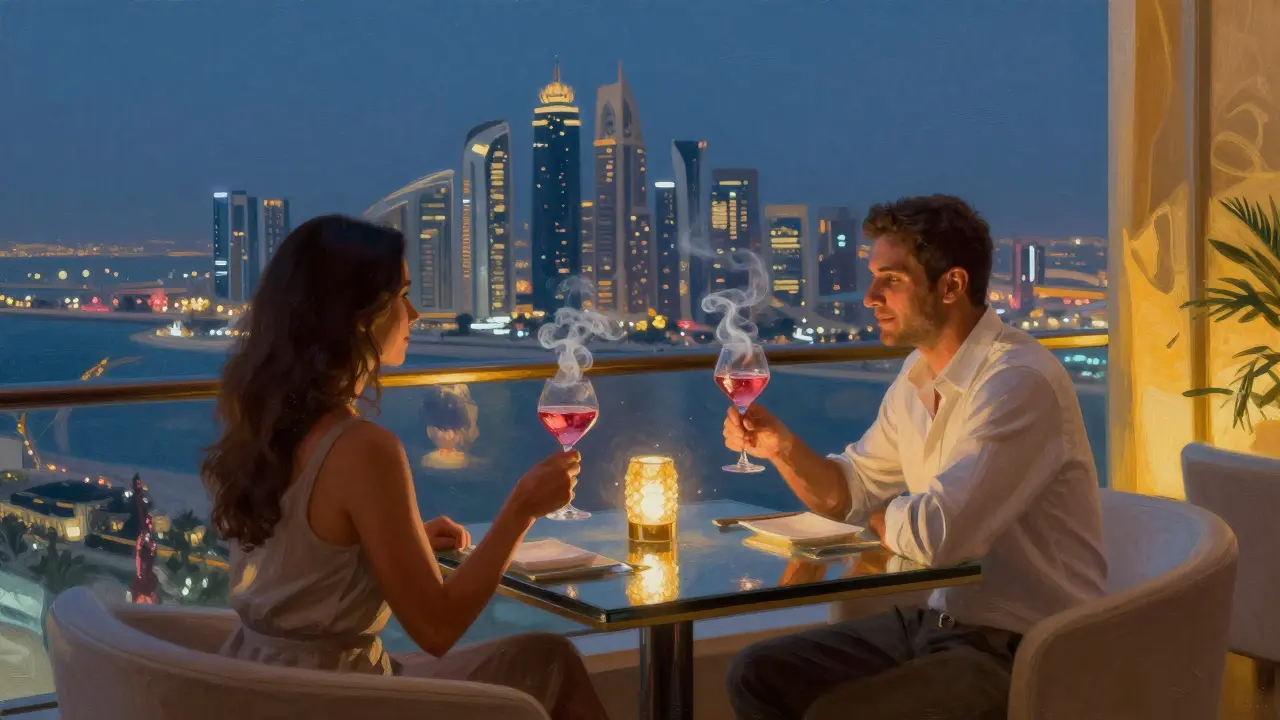 Couple enjoying cocktails at a rooftop lounge with Abu Dhabi's glittering skyline in the background.
