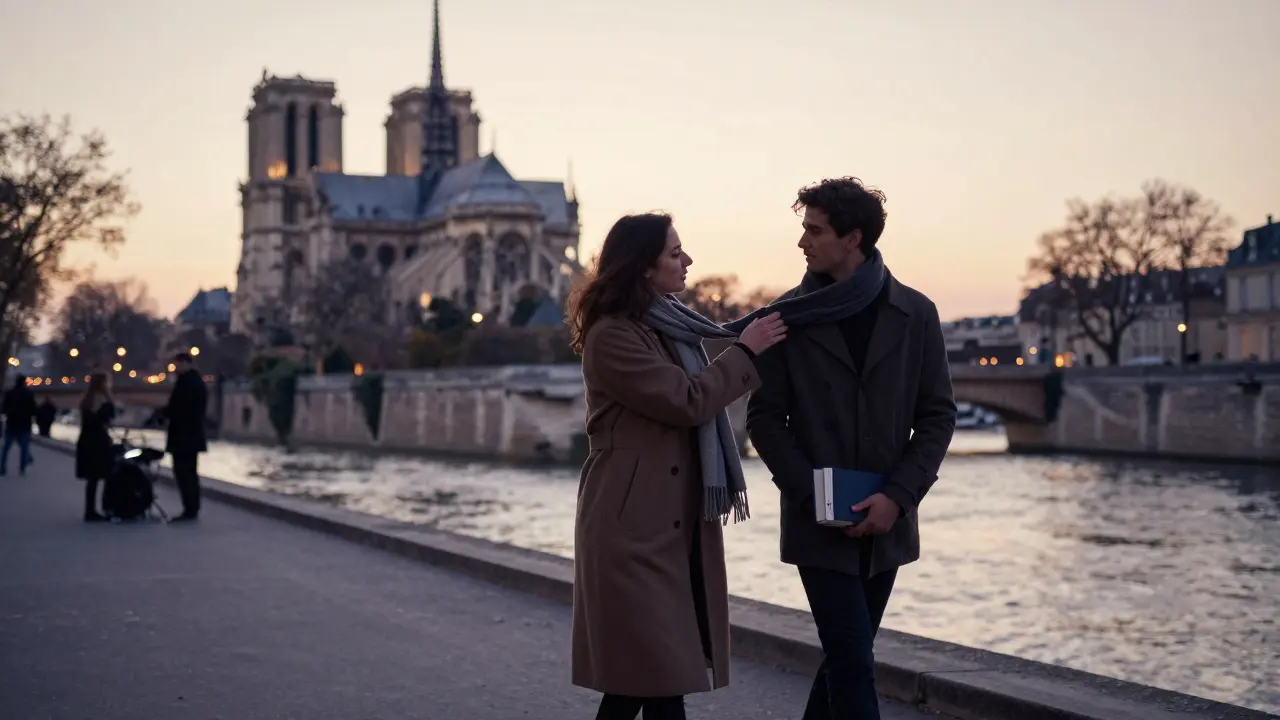Couple walking along the Seine at sunset, one offering a scarf as the city glows behind them.