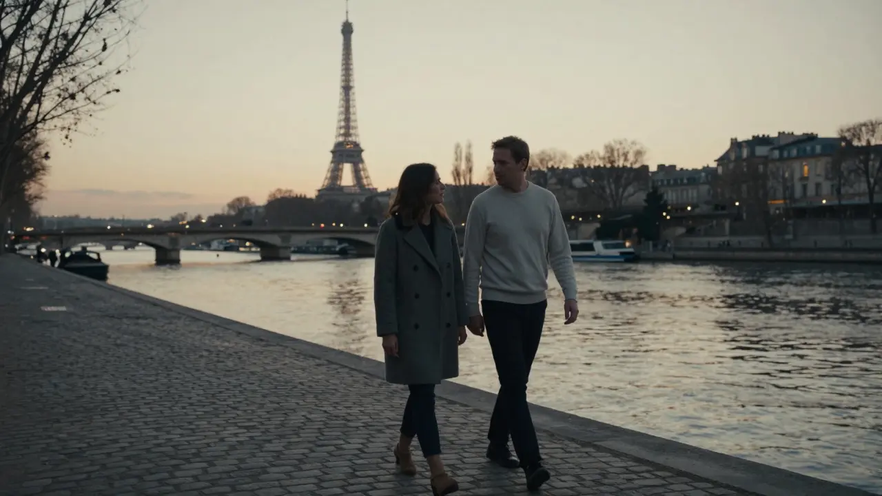 Couple walks peacefully along the Seine at dusk, enjoying each other's company without physical contact.