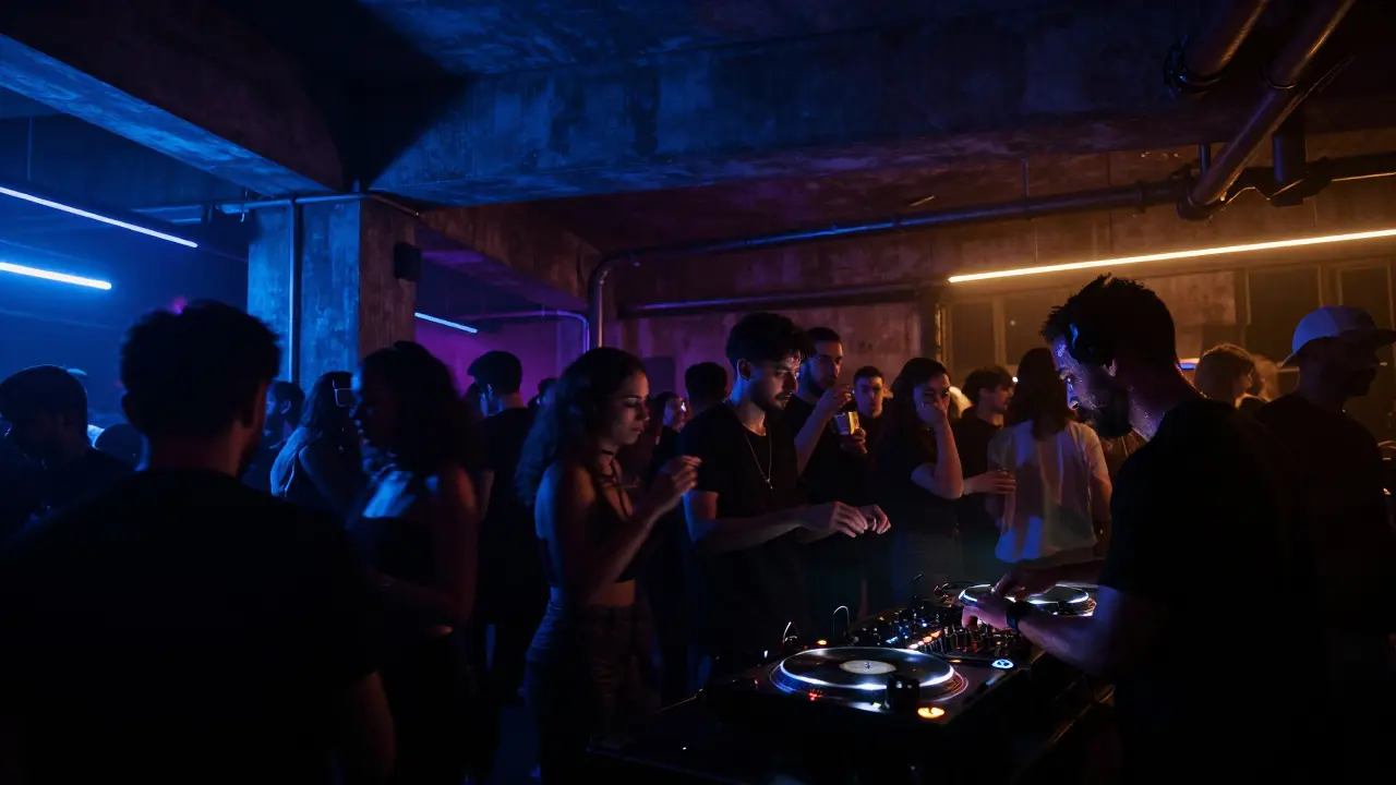 Crowd dancing in a warehouse club with industrial lighting and bass vibrations pulsing through the air.