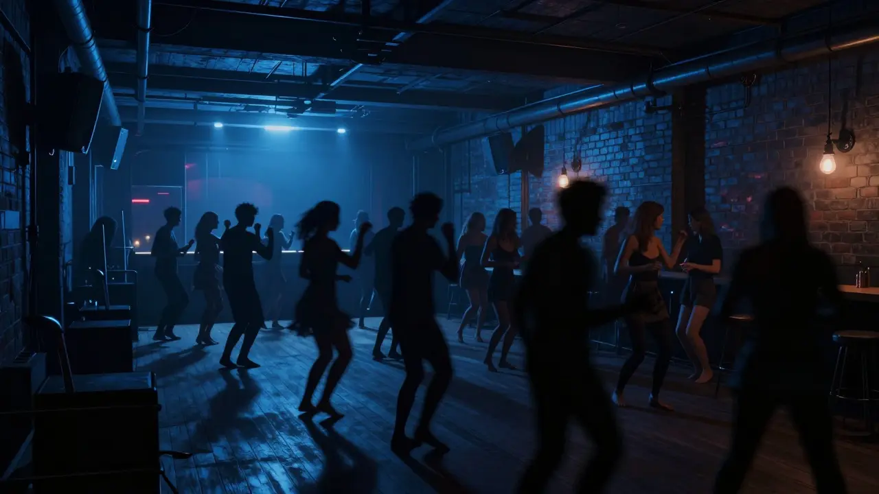 Crowd dancing in an underground warehouse club, low lights and motion blur, no signs visible.