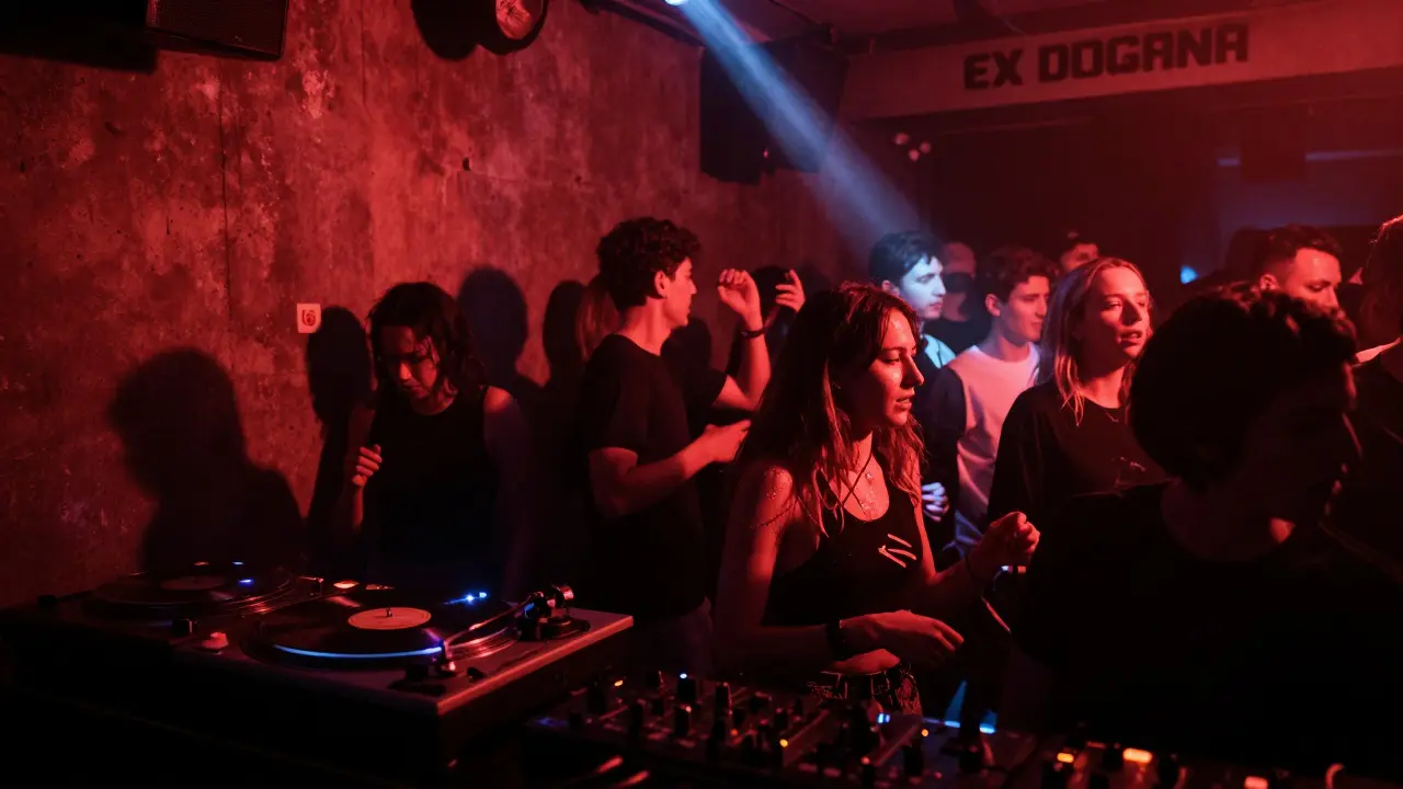 Crowd dancing in the dim red-lit basement of Ex Dogana, an underground techno club in Porta Venezia.